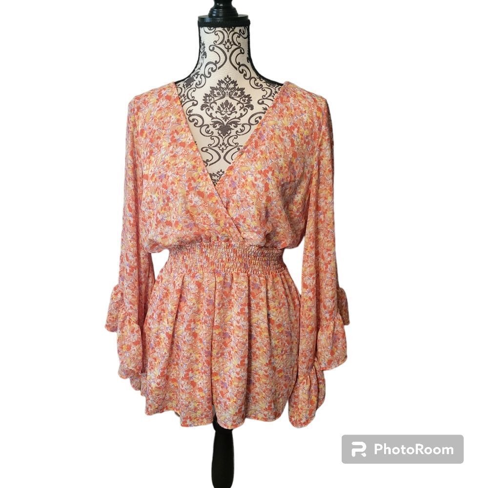 Pink Lily Coral Floral Long Sleeve Romper M